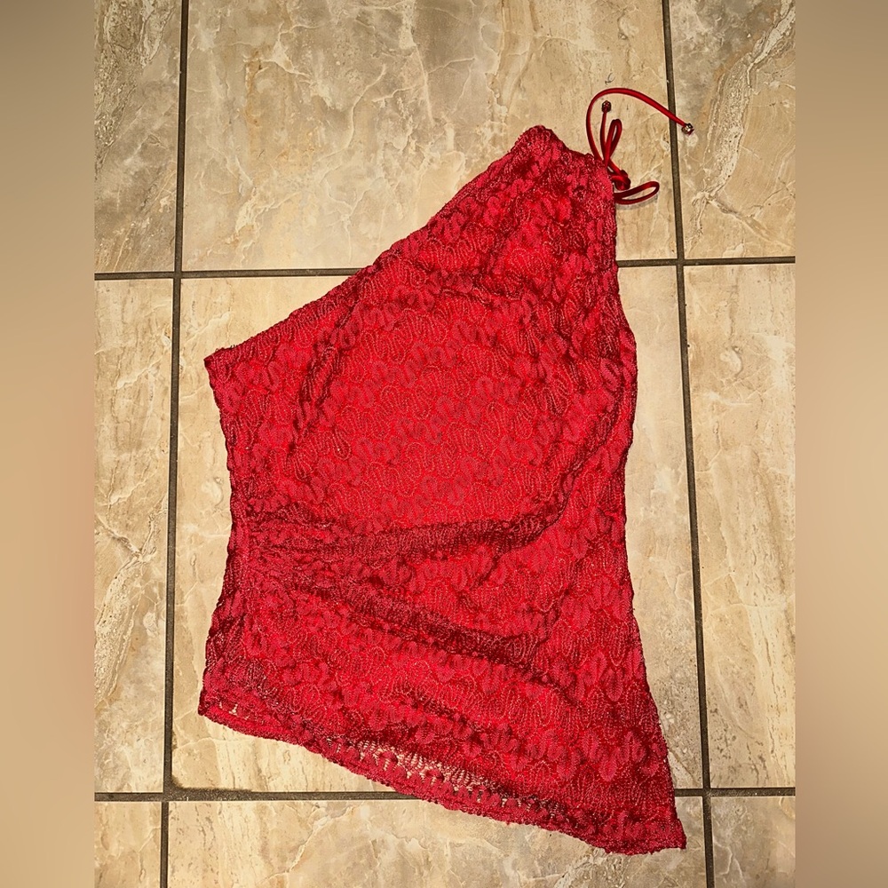 Red Floral Sequence Asymmetrical David Meister To… - image 1